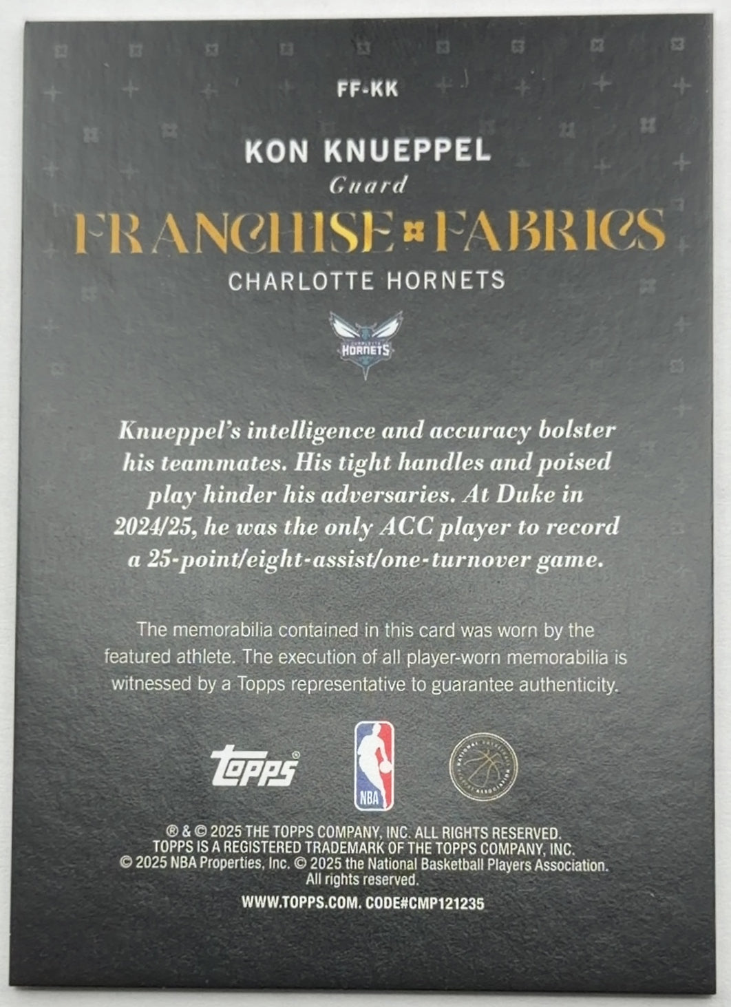 2025-26 Topps Kon Knueppel RC Franchise Fabrics #FF-KK Hornets
