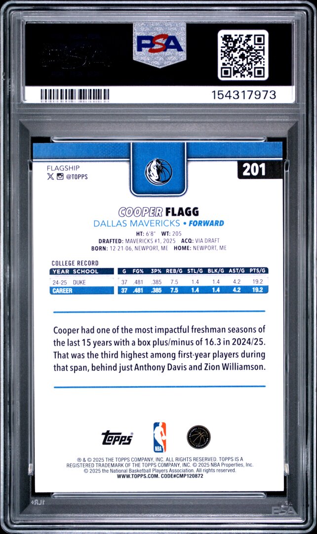2025 Topps Cooper Flagg PSA 10 #201