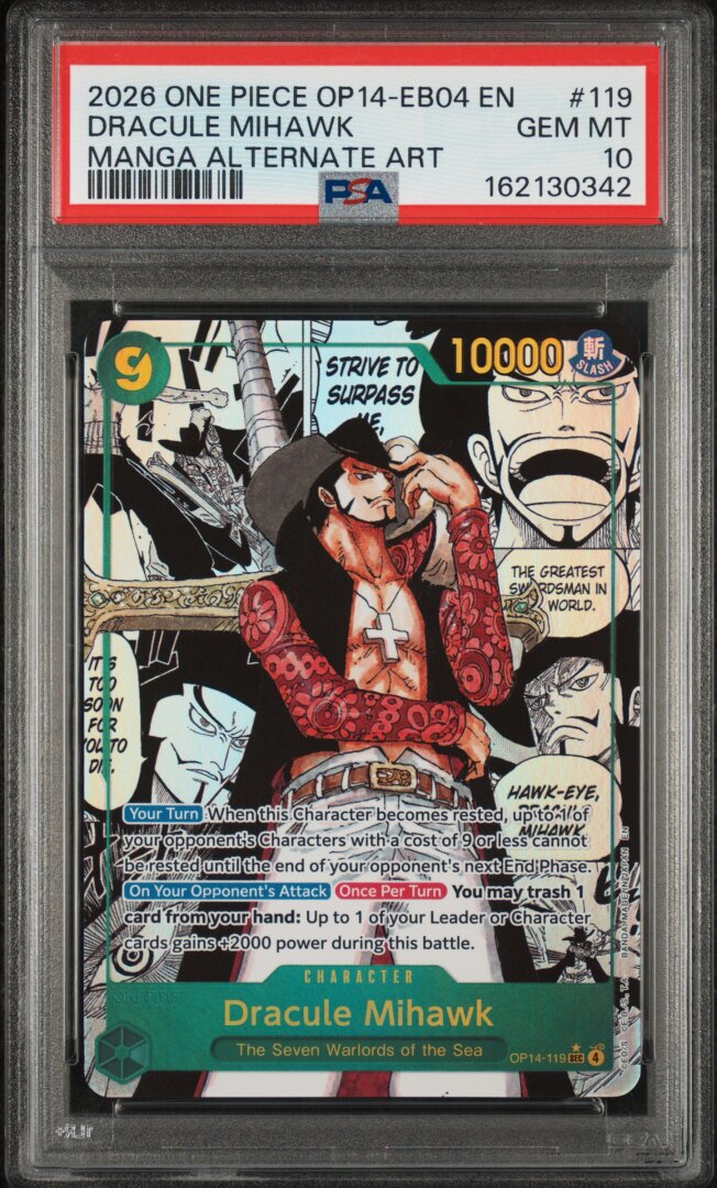 2026 One Piece OP14-EB04 #119 Dracule Mihawk Manga Alternate Art PSA 10