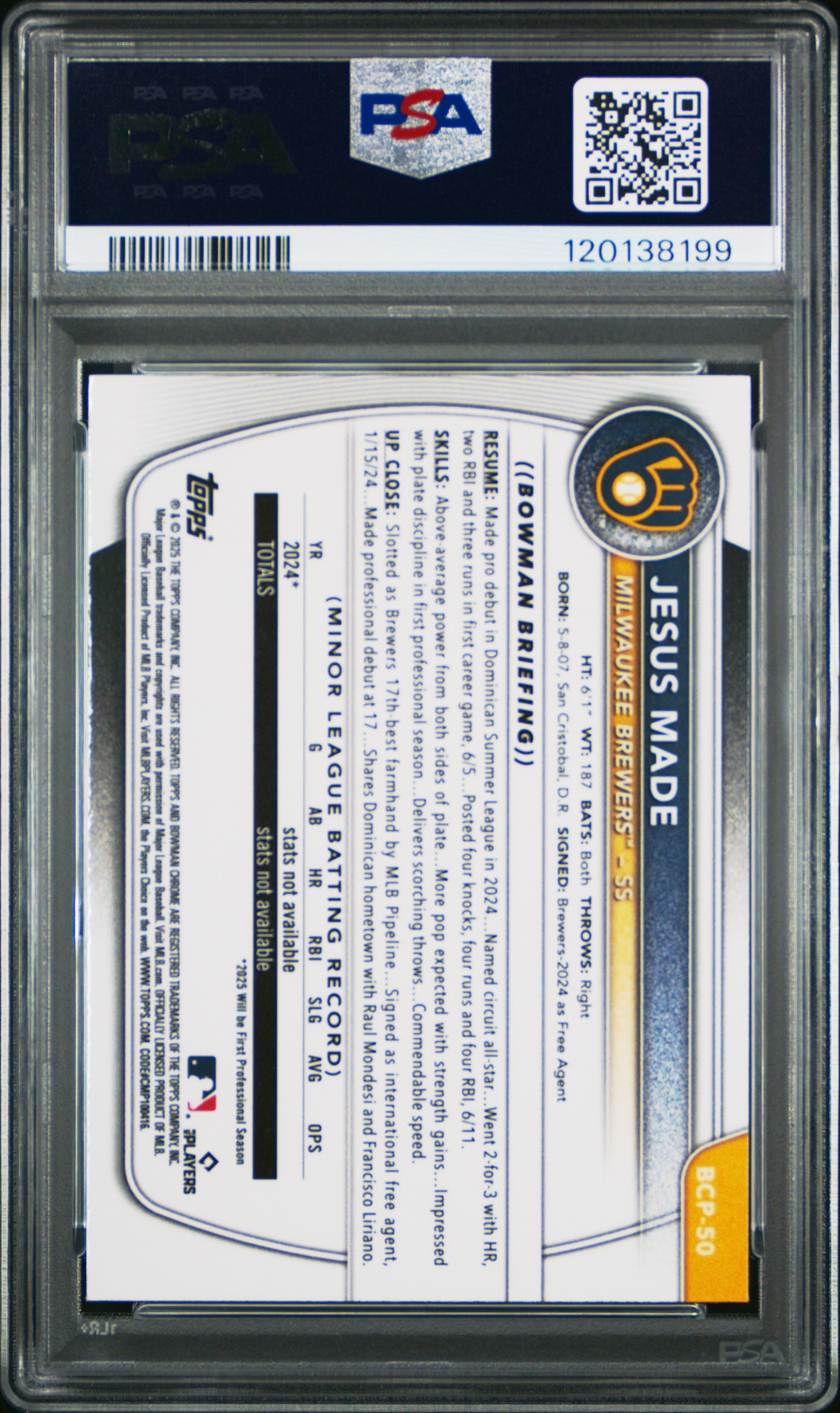 2025 BOWMAN CHROME PROSPECTS BCP50 JESUS MADE PURPLE RAYWAVE PSA 9 - back