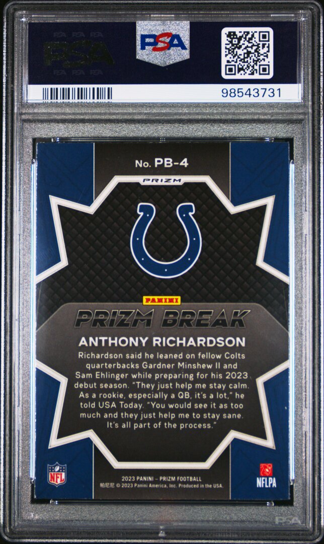2023 Panini Prizm #PB4 Anthony Richardson Prizm Break Green Prizm PSA 10