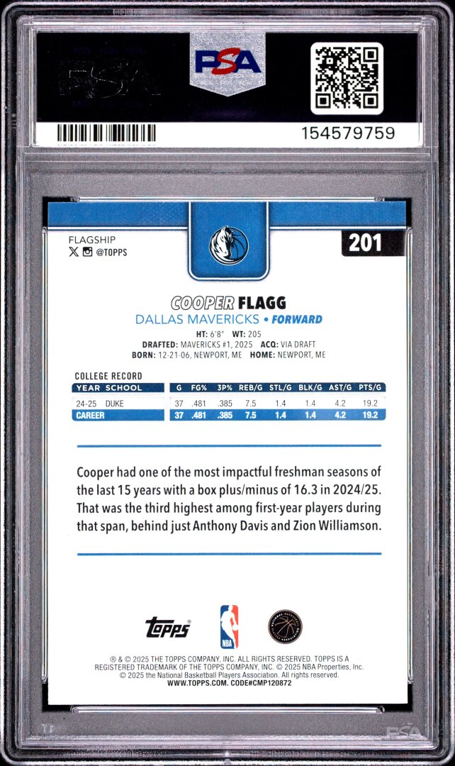2025 Topps Cooper Flagg RC PSA 9 #201