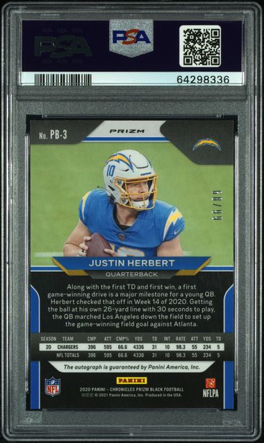 2020 Panini Chronicles Justin Herbert Prizm Black Signature Red PSA 9