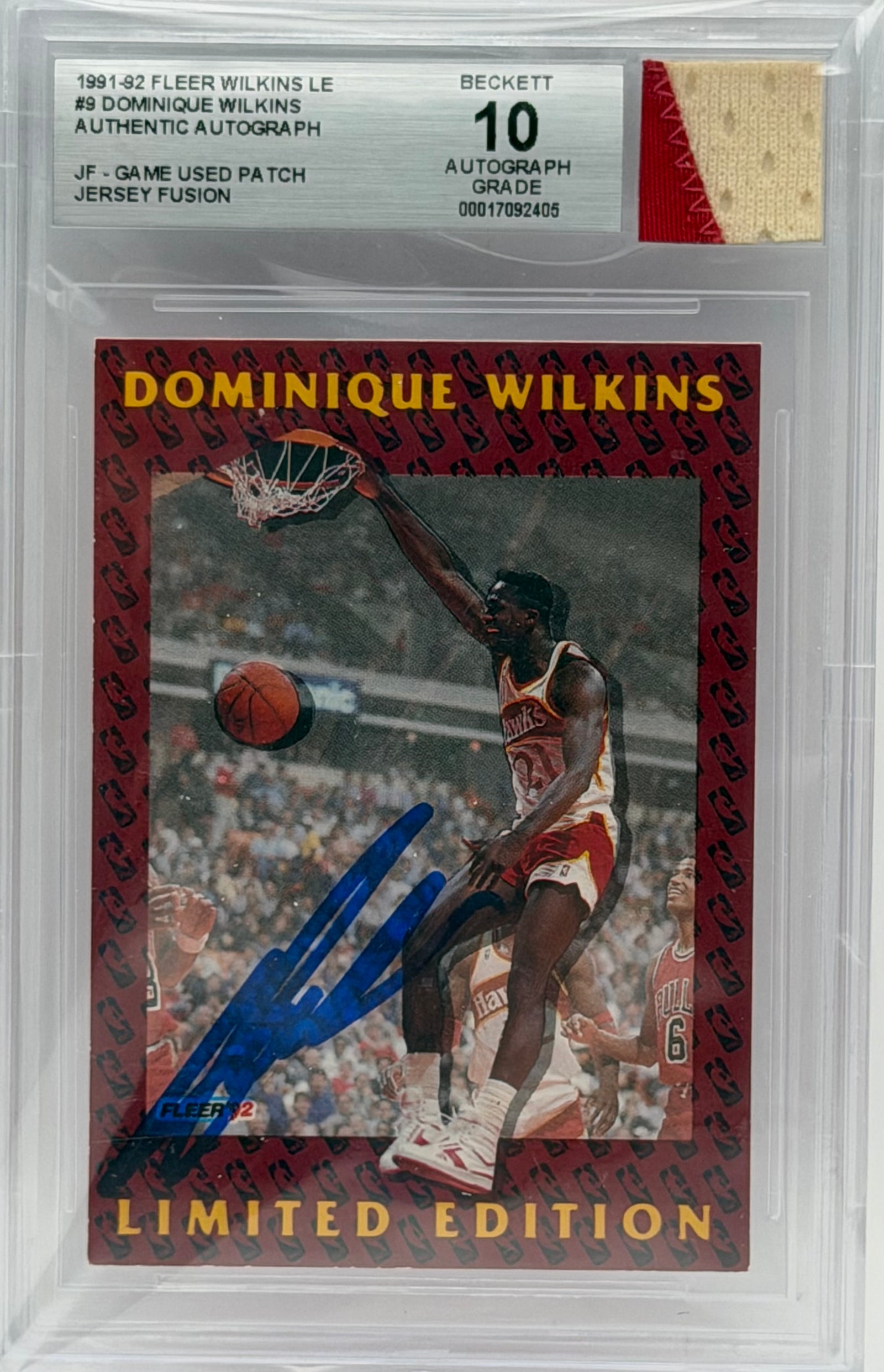 1991-92 Fleer Dominique Wilkins Autograph Game Used Patch Beckett 10