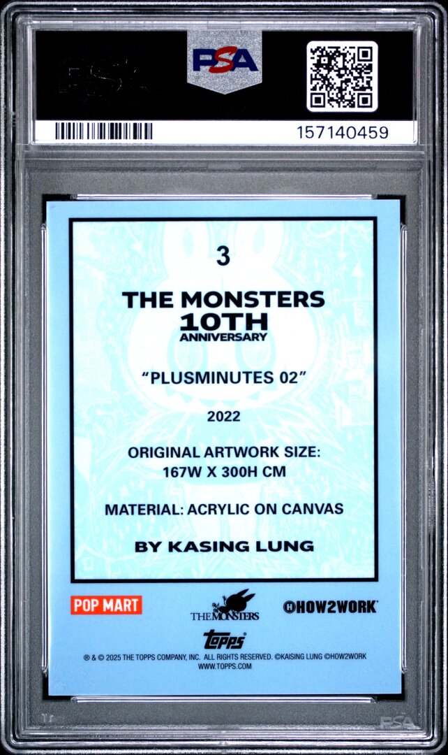 2025 Topps Chrome Labubu 10th Anniversary Plusminutes 02 Blue Ref. /150 PSA 10