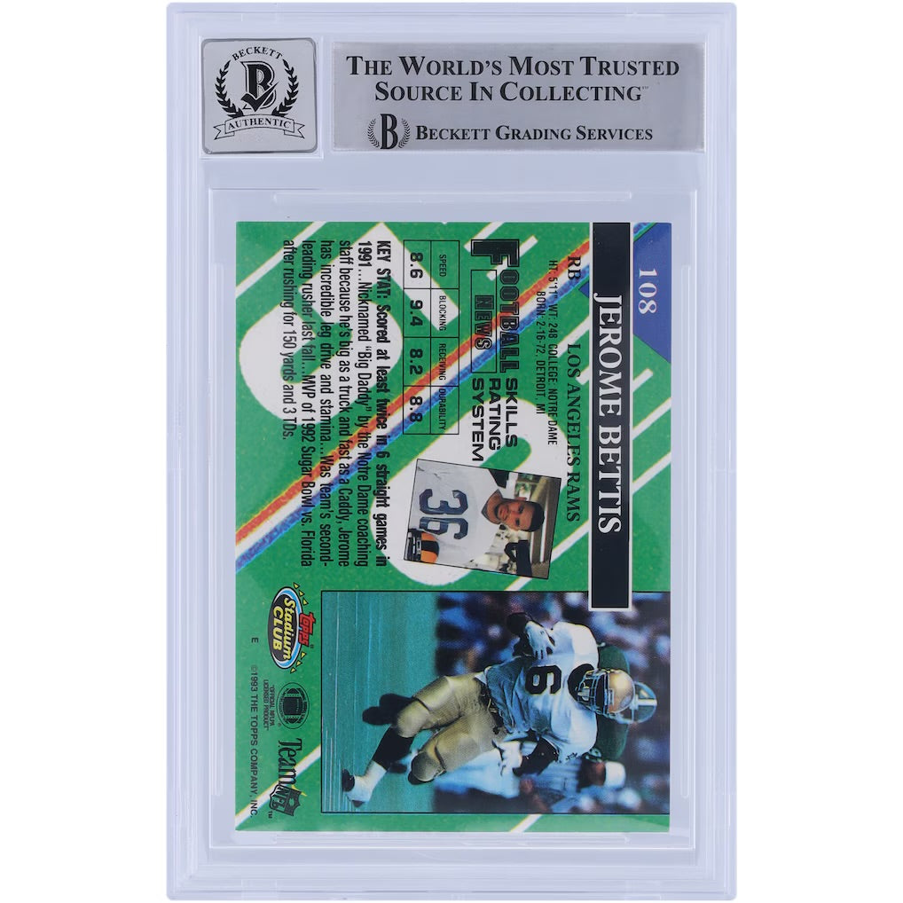 1993 Stadium Club Jerome Bettis Autograph Beckett Fanatics Authentic, Auto 10