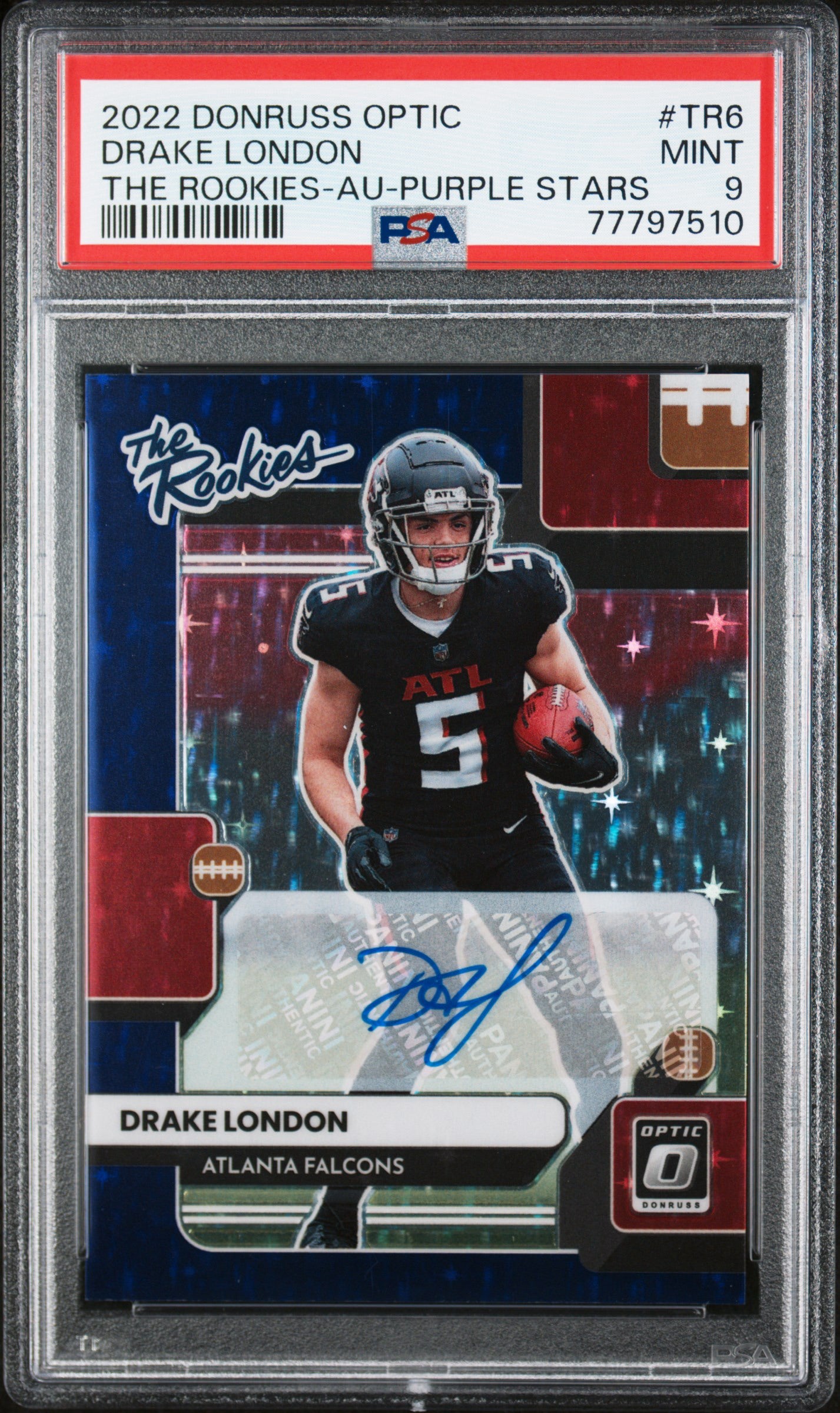 2022 Panini Optic The Rookies Drake London Auto Purple Stars PSA 9
