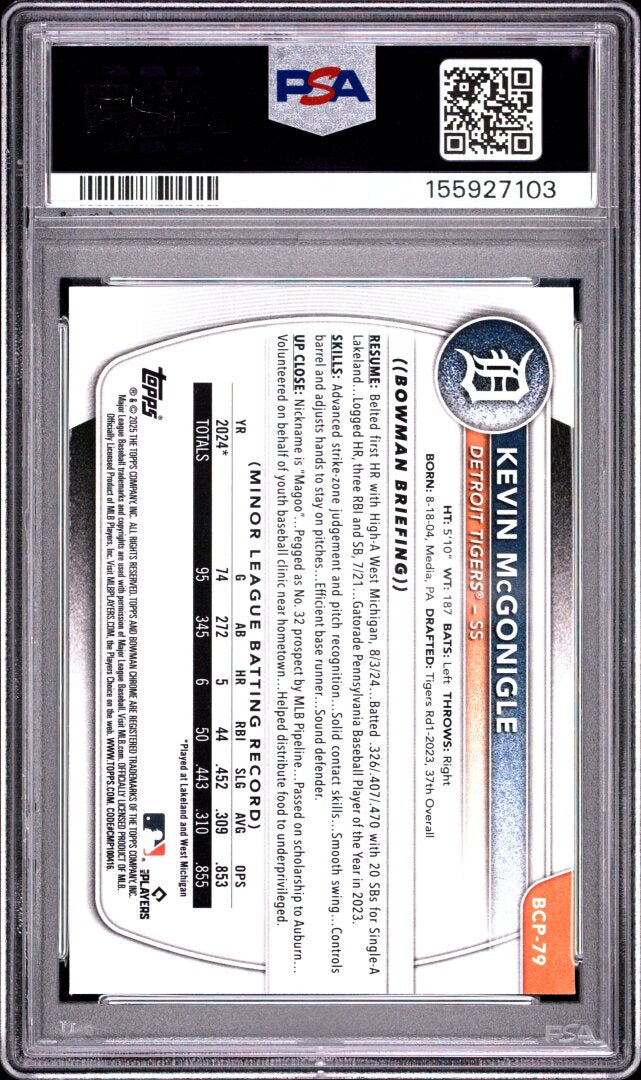 2025 Bowman Chrome Prospects Kevin Mcgonigle PSA 10 #BCP79