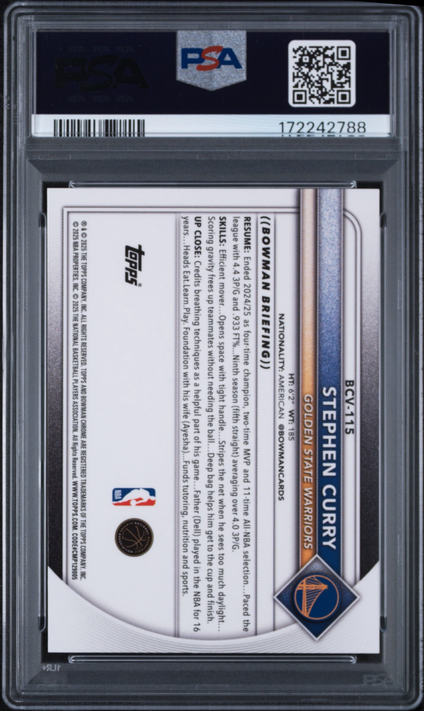 2025 Bowman Stephen Curry Chrome Red Reptillian 5/5 PSA 10, POP 1!