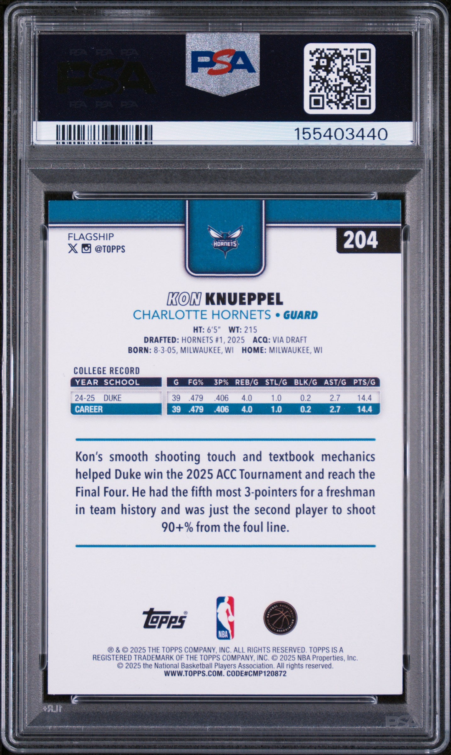 2025 TOPPS 204 KON KNUEPPEL PSA 9 - back