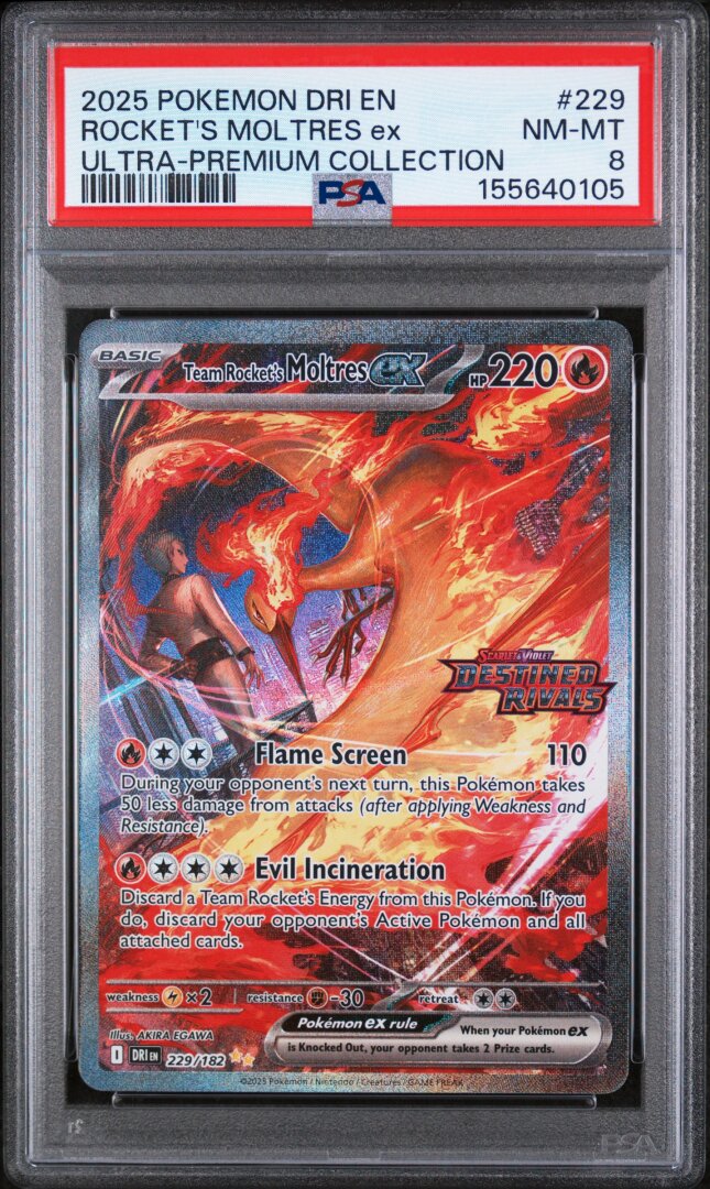 2025 Pokemon Destined Rivals Rocket's Moltres Ex Ultra-Premium Coll PSA 8 #229