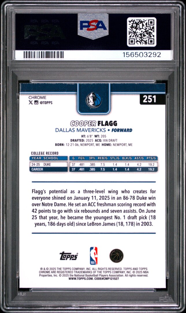 2025 Topps Chrome Cooper Flagg PSA 10 #251