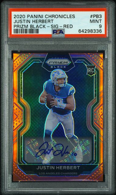 2020 Panini Chronicles Justin Herbert Prizm Black Signature Red PSA 9