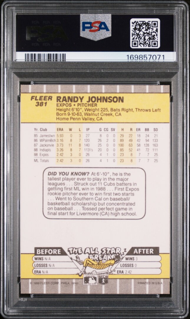 1989 Fleer Glossy Randy Johnson RC Ad Completely Blacked Out PSA 9 #381