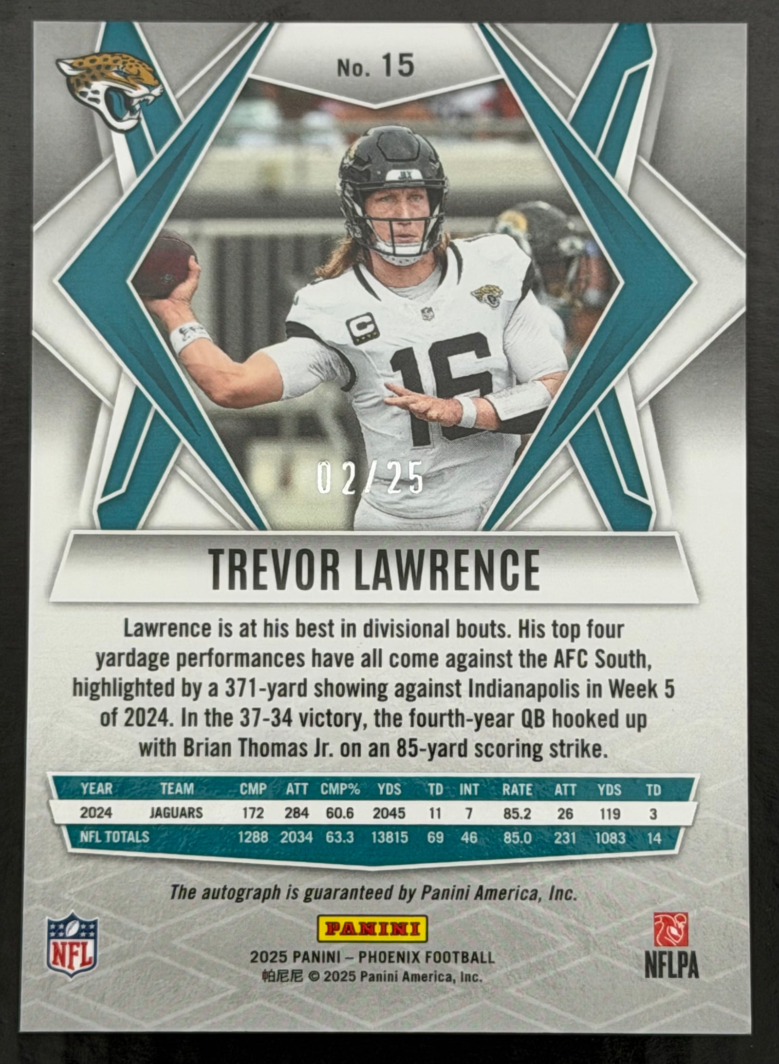 2025 Panini Phoenix Trevor Lawrence /25 Prizm Color Match Auto