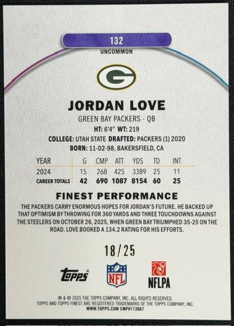 2025 Topps Finest #132 Jordan Love Gold /25 w/ Coating