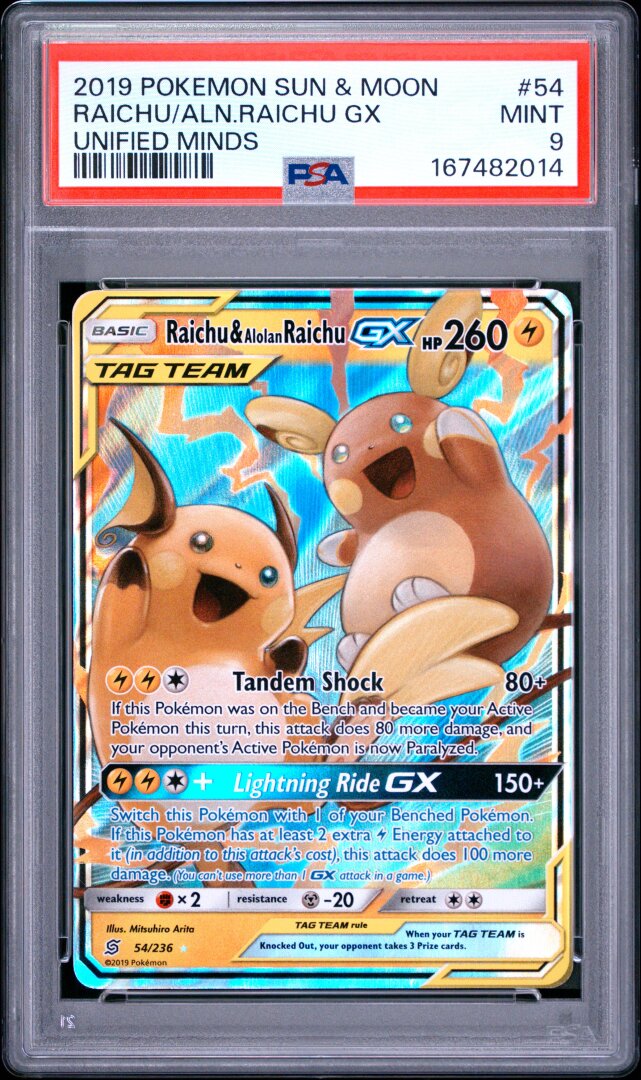 2019 Pokemon Sun & Moon Unified Minds Raichu/Alolan Raichu GX PSA 9 #54