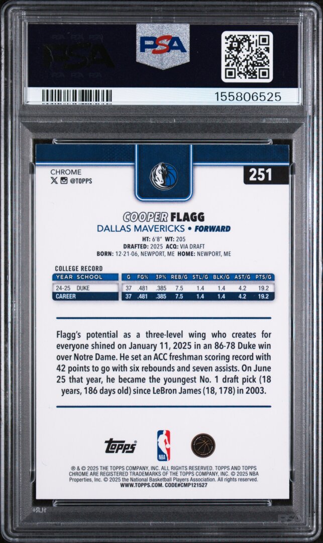 2025 Topps Chrome Cooper Flagg PSA 10 #251