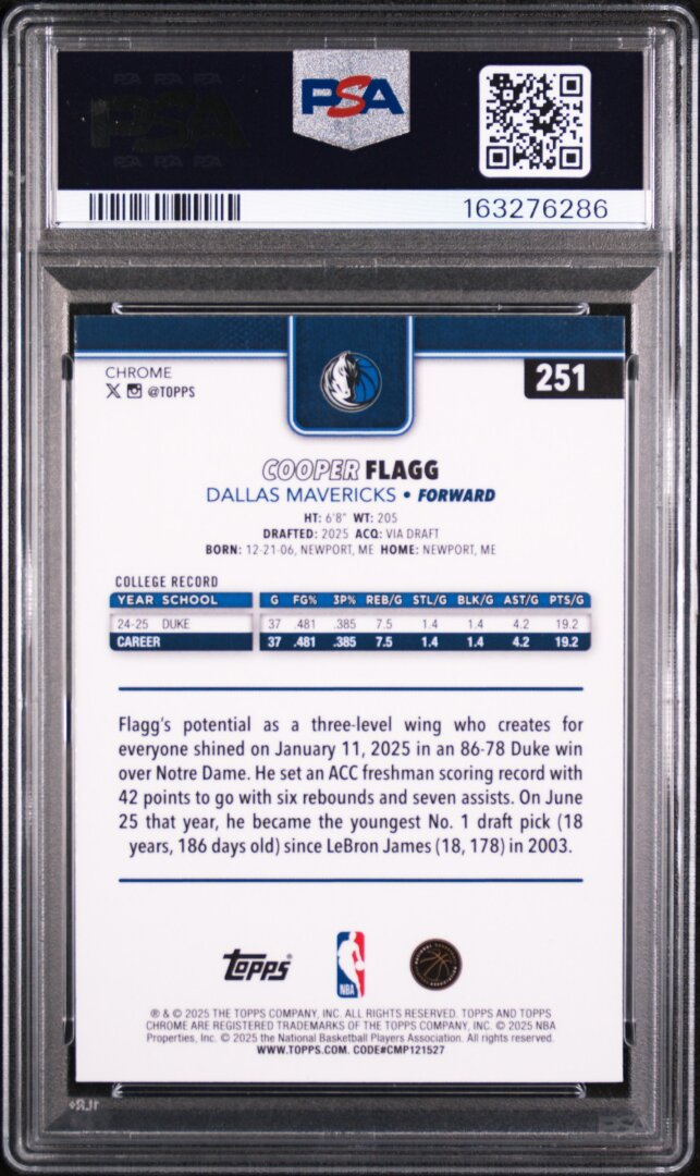 2025 Topps Chrome Cooper Flagg #251 PSA 10
