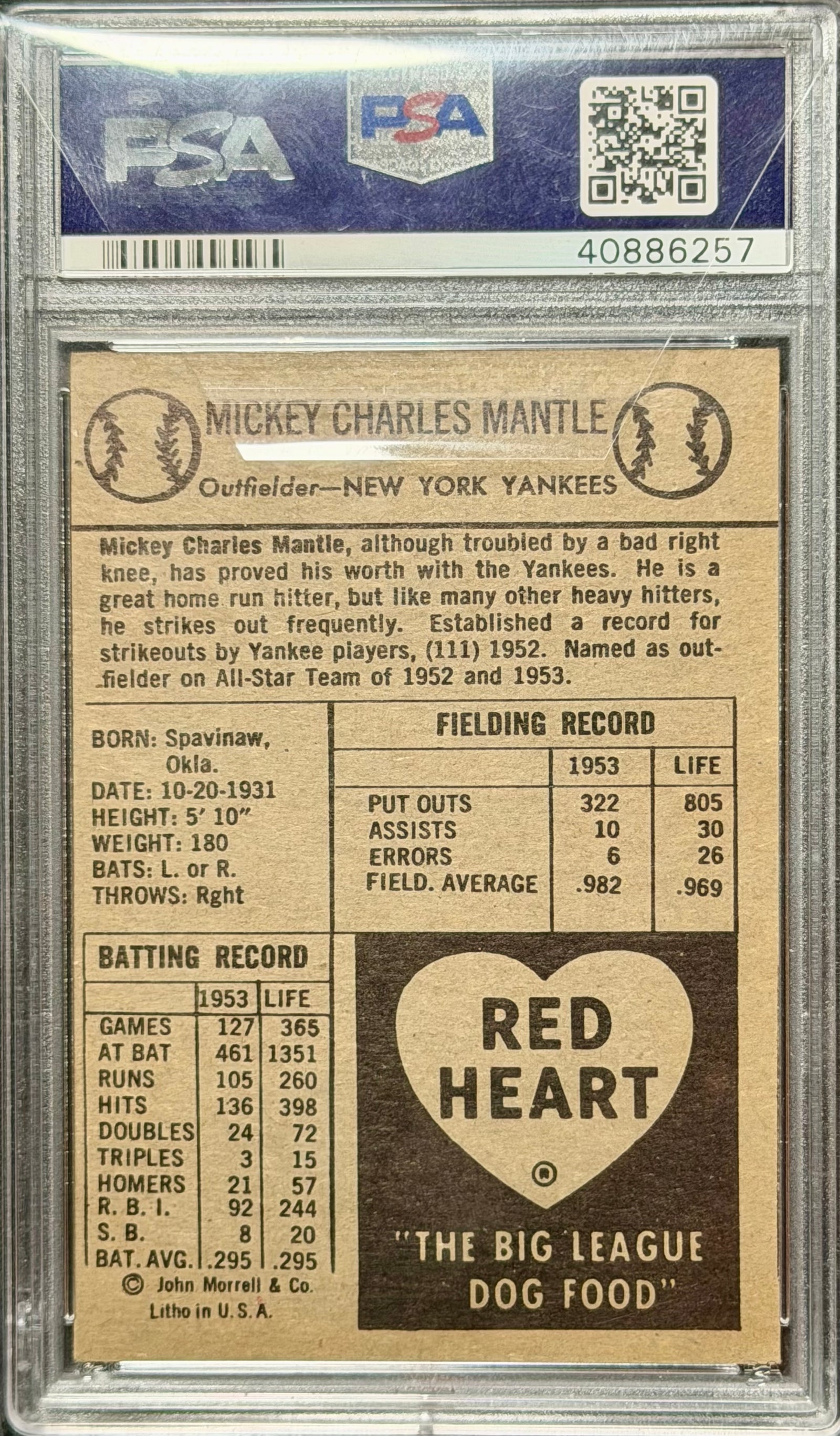 1954 Red Heart Mickey Mantle PSA 4.5