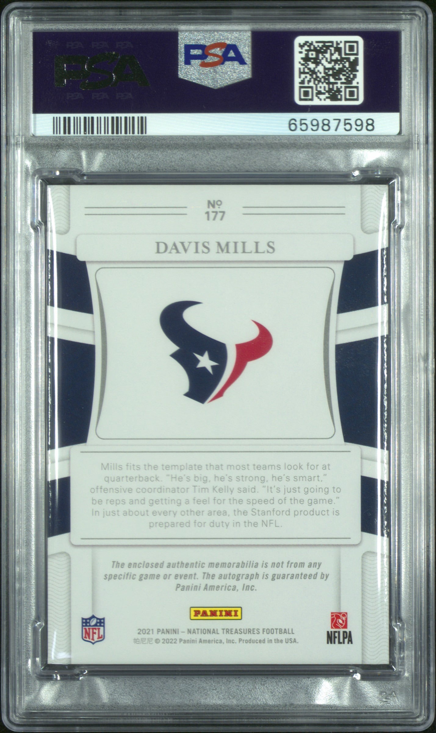 2021 National Treasures Davis Mills /20 PSA 9, Auto 10