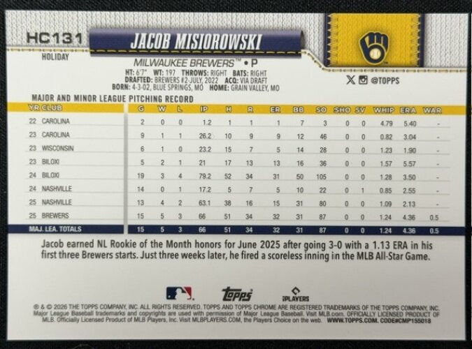 2026 Topps Holiday Chrome Jacob Misiorowski RC Blue Sparkle Refractor /150