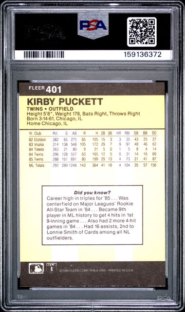 1986 FLEER #401 KIRBY PUCKETT PSA 8