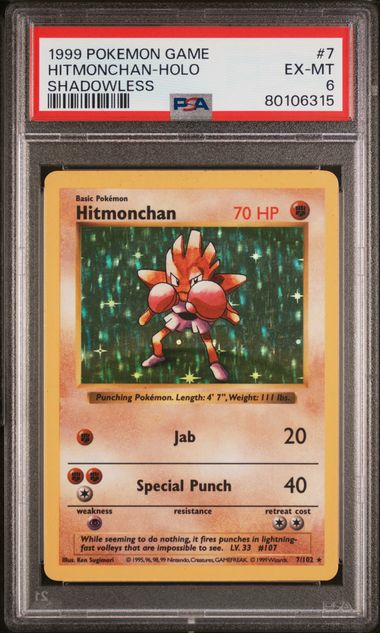 1999 Pokemon Game Hitmonchan 7 Holo Shadowless PSA 6