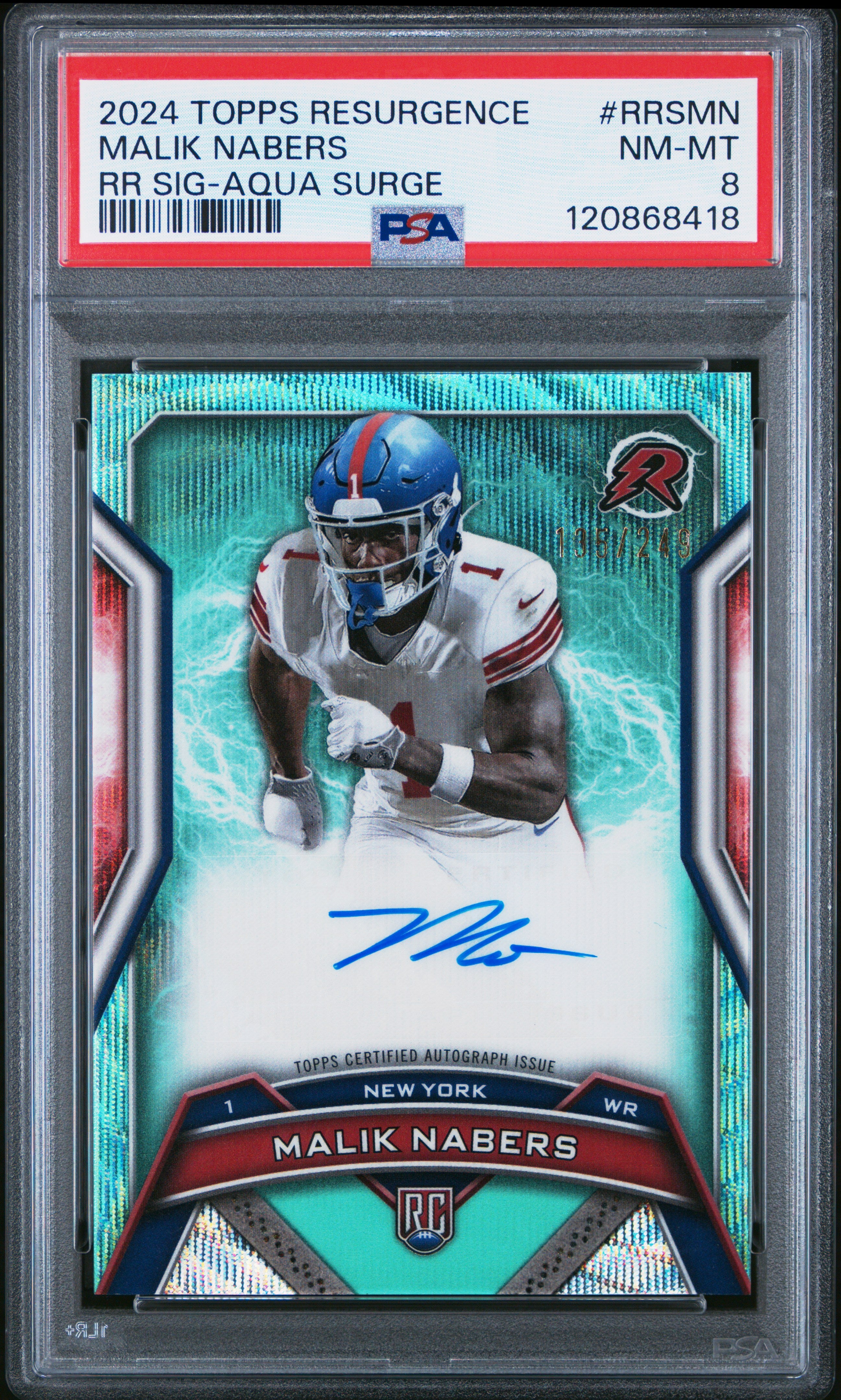 2024 Topps Resurgence Resurgence Rookie Signatures Rrsmn Malik Nabers Aqua Surge PSA 8