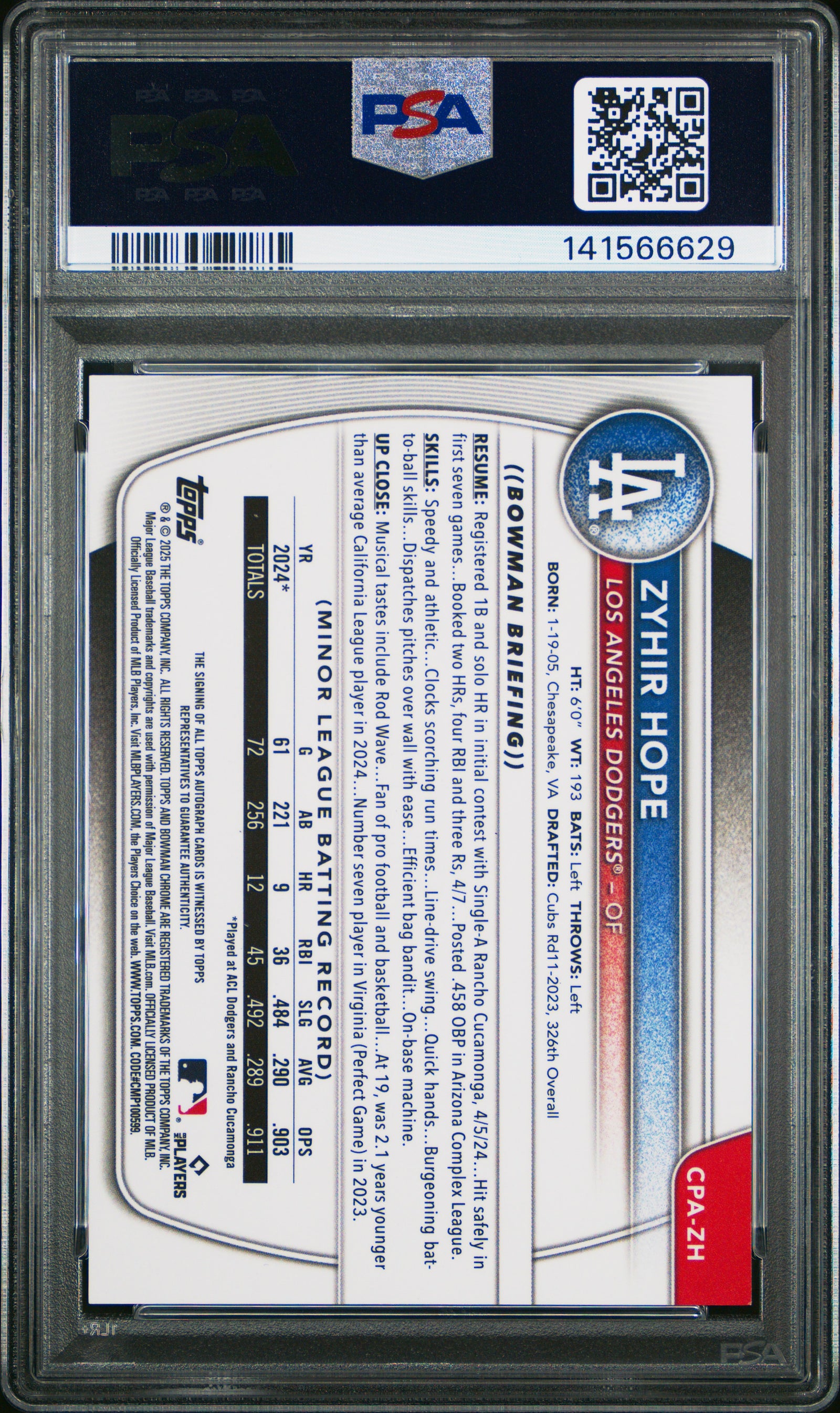 2025 Bowman Chrome Prospect Autographs Cpazh Zyhir Hope Purple Refractor PSA 9