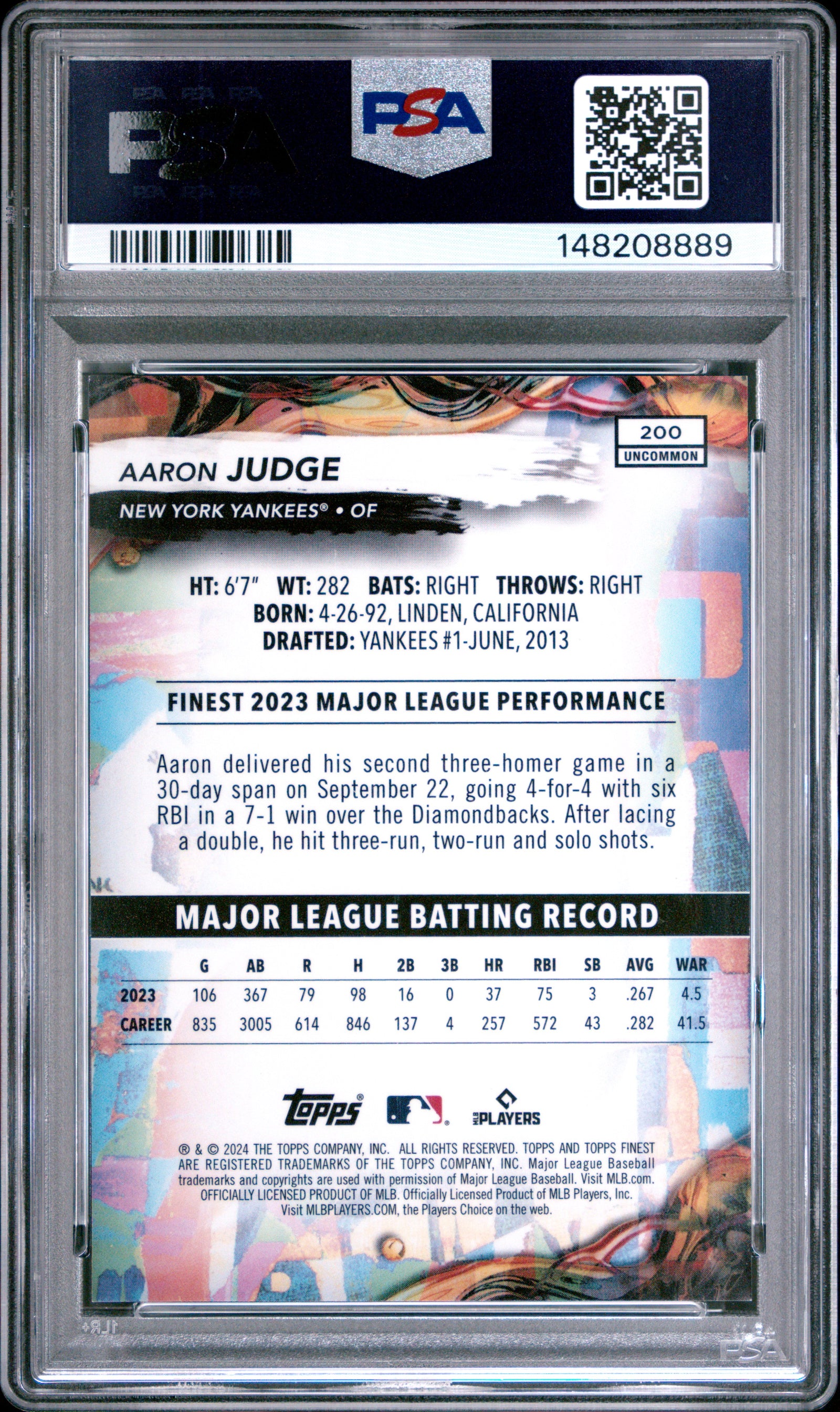 2024 Topps Finest 200 Aaron Judge Blue Refractor PSA 10