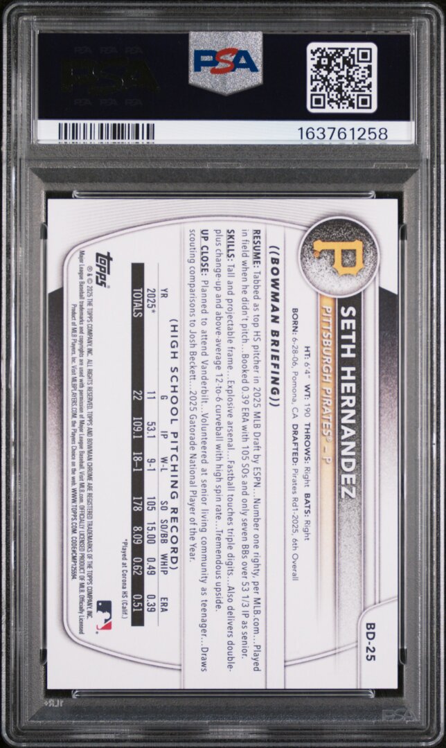 2025 Bowman Draft Seth Hernandez PSA 10 #BD-25