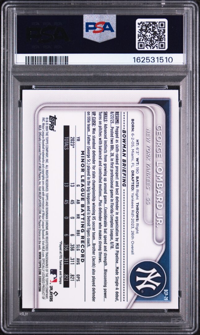 2024 Bowman Mega Box Chrome Prospects George Lombard Jr. PSA 9 #79