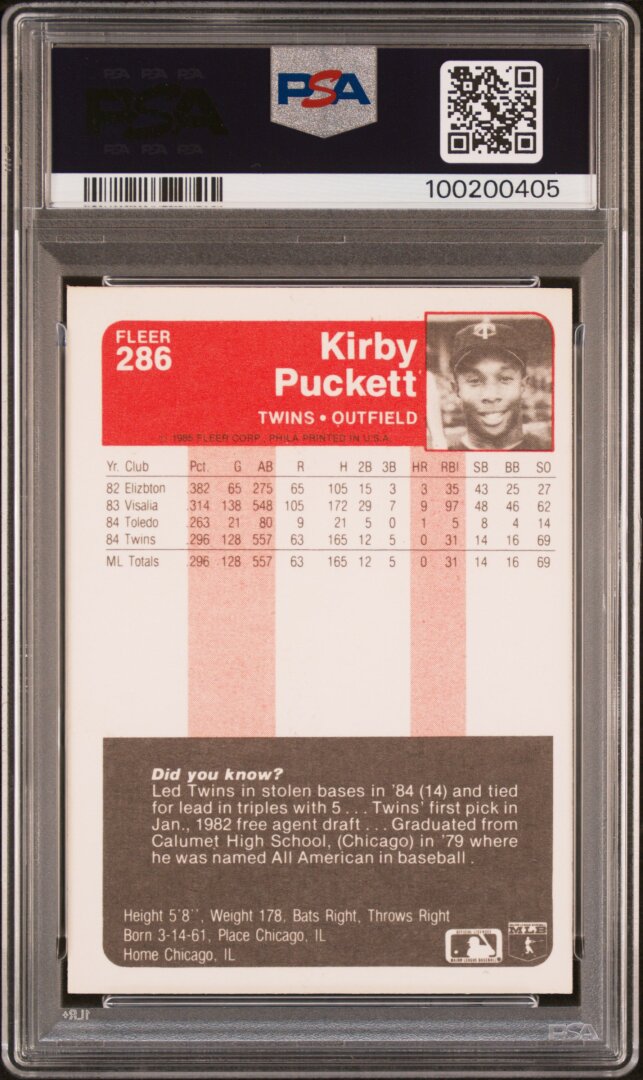 1985 Fleer #286 Kirby Puckett RC PSA 8