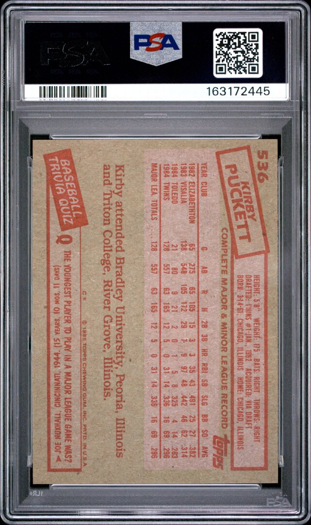 1985 Topps Kirby Puckett RC PSA 8 #536