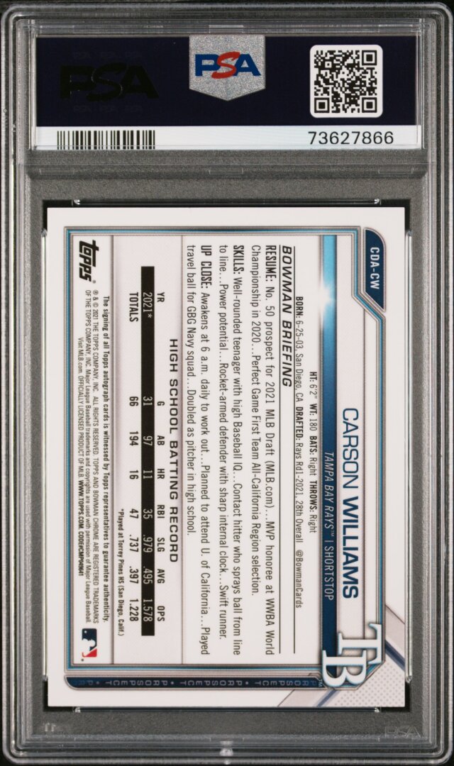 2021 Bowman Draft Chrome Carson Williams Draft Pick Auto PSA 10 #CDACW