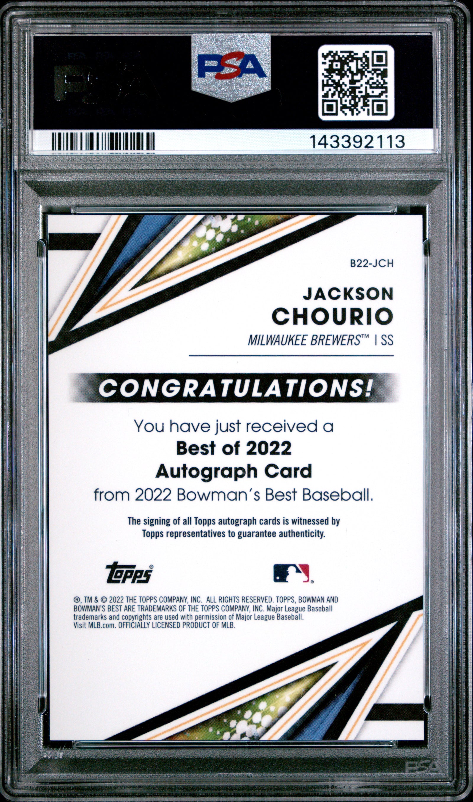 2022 Bowman'S Best Best Of 2022 Autographs B22Jch Jackson Chourio Green Refractor PSA 10