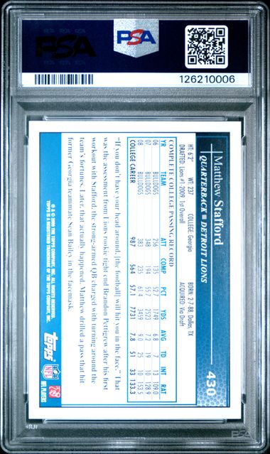 2009 Topps Matthew Stafford Two Hands on Ball #430 PSA 10