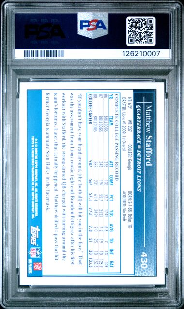 2009 Topps Matthew Stafford Throwing #430 PSA 10