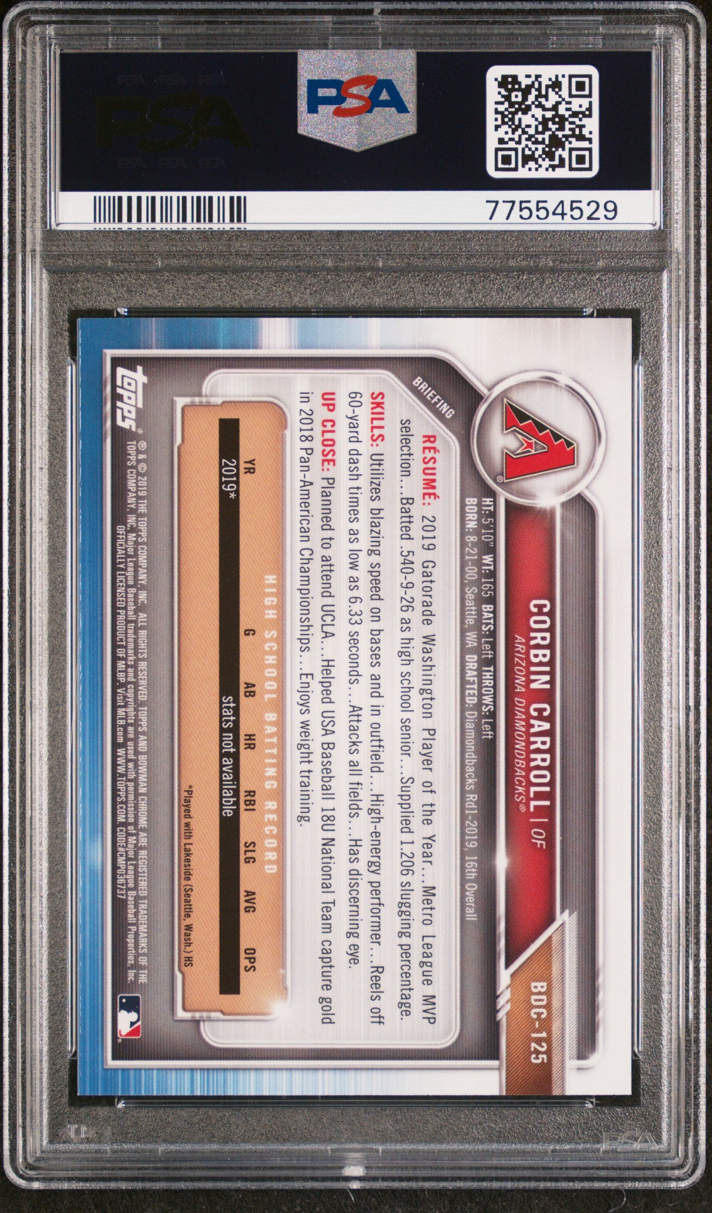 2019 Bowman Draft Chrome Corbin Carroll #BDC125 PSA 10
