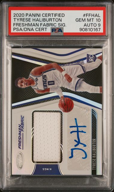 2020 Panini Certified Tyrese Haliburton RC Freshman Fabric Signatures PSA 10, Auto 9