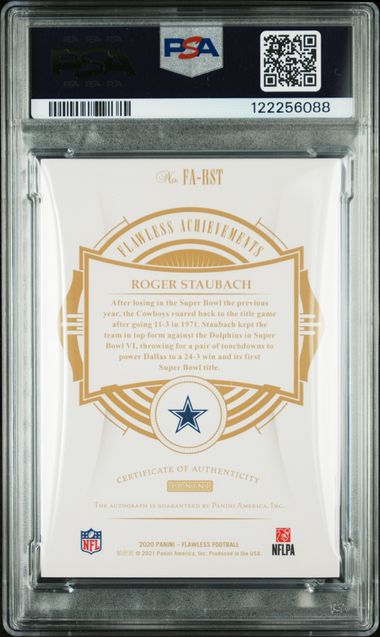 2020 PANINI FLAWLESS ROGER STAUBACH AUTOGRAPH SILVER /10 PSA 9, AUTO 10