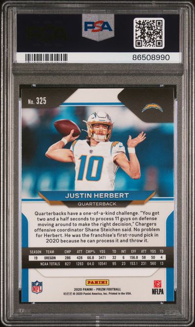 2020 PANINI PRIZM JUSTIN HERBERT RC PSA 9, AUTO 10