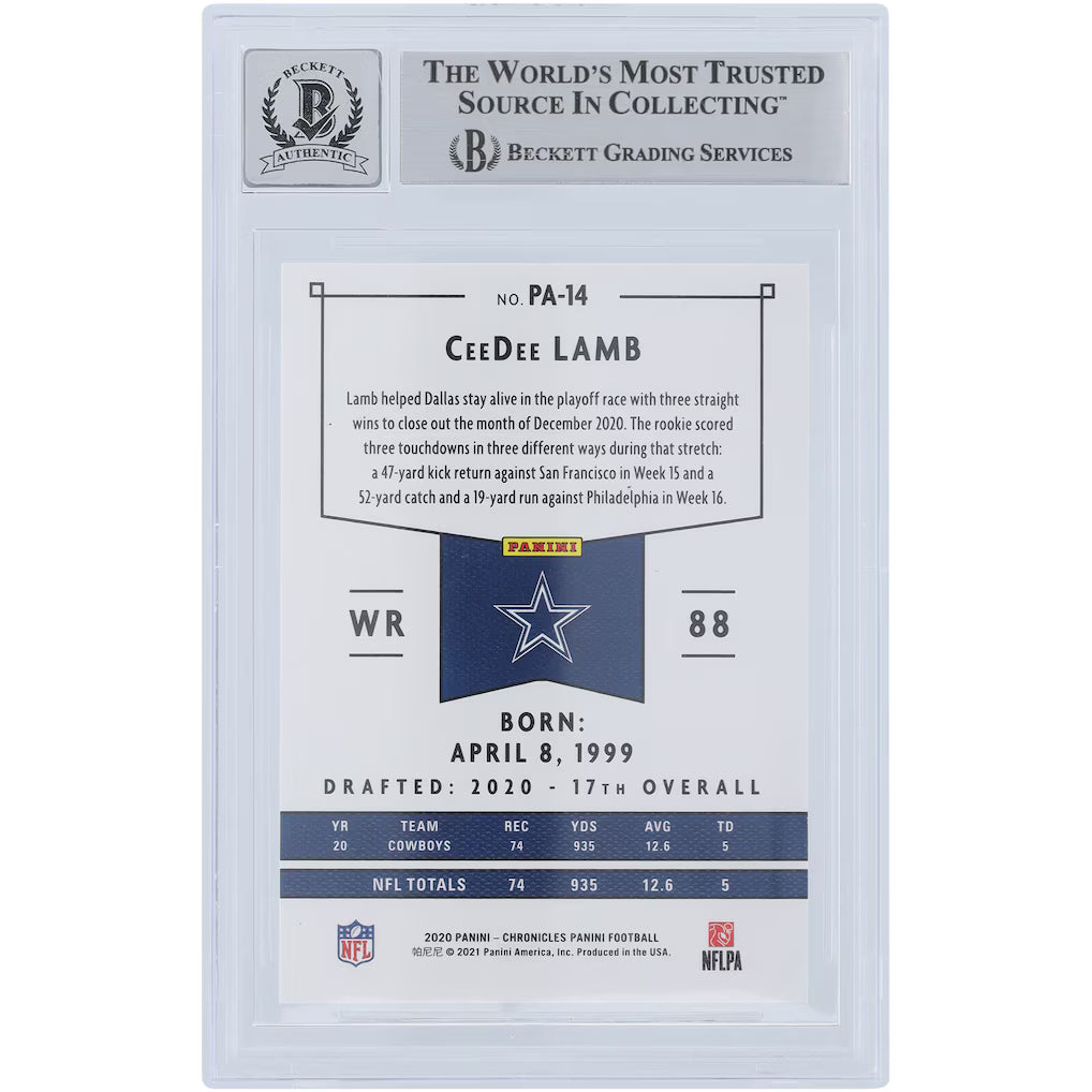 2020 Panini CeeDee Lamb #14 RC Beckett/Fanatics BAS 9, Auto 10