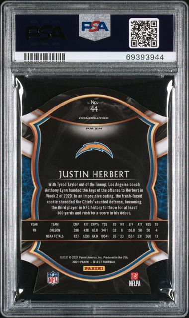 2020 Select Justin Herbert RC Die Cut Light Blue #44 PSA 10