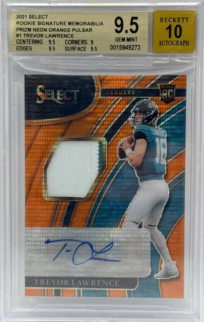 2021 Select Trevor Lawrence Rookie Signatures Mem. Neon Orange Pulsar /25 BGS 9.5