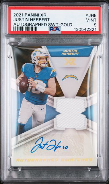 2021 PANINI XR JUSTIN HERBERT AUTOGRAPHED SWATCHES GOLD /10 PSA 9