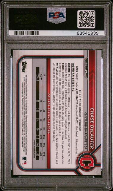 2022 BOWMAN DRAFT CHASE DELAUTER CHROME SAPPHIRE #BDC49 YELLOW /99 PSA 9