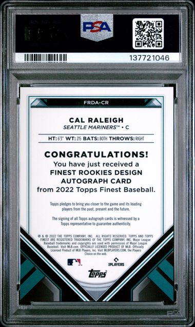 2022 Topps Finest Cal Raleigh Rookie Design Variations Auto /150 Blue PSA 9
