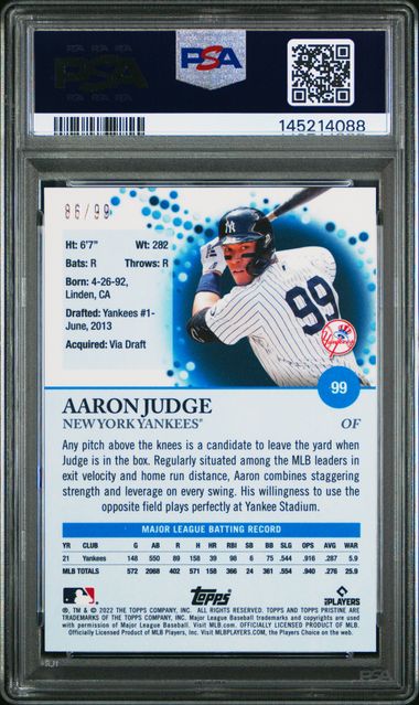 2022 Topps Pristine Aaron Judge Purple Refractor /99 PSA 10